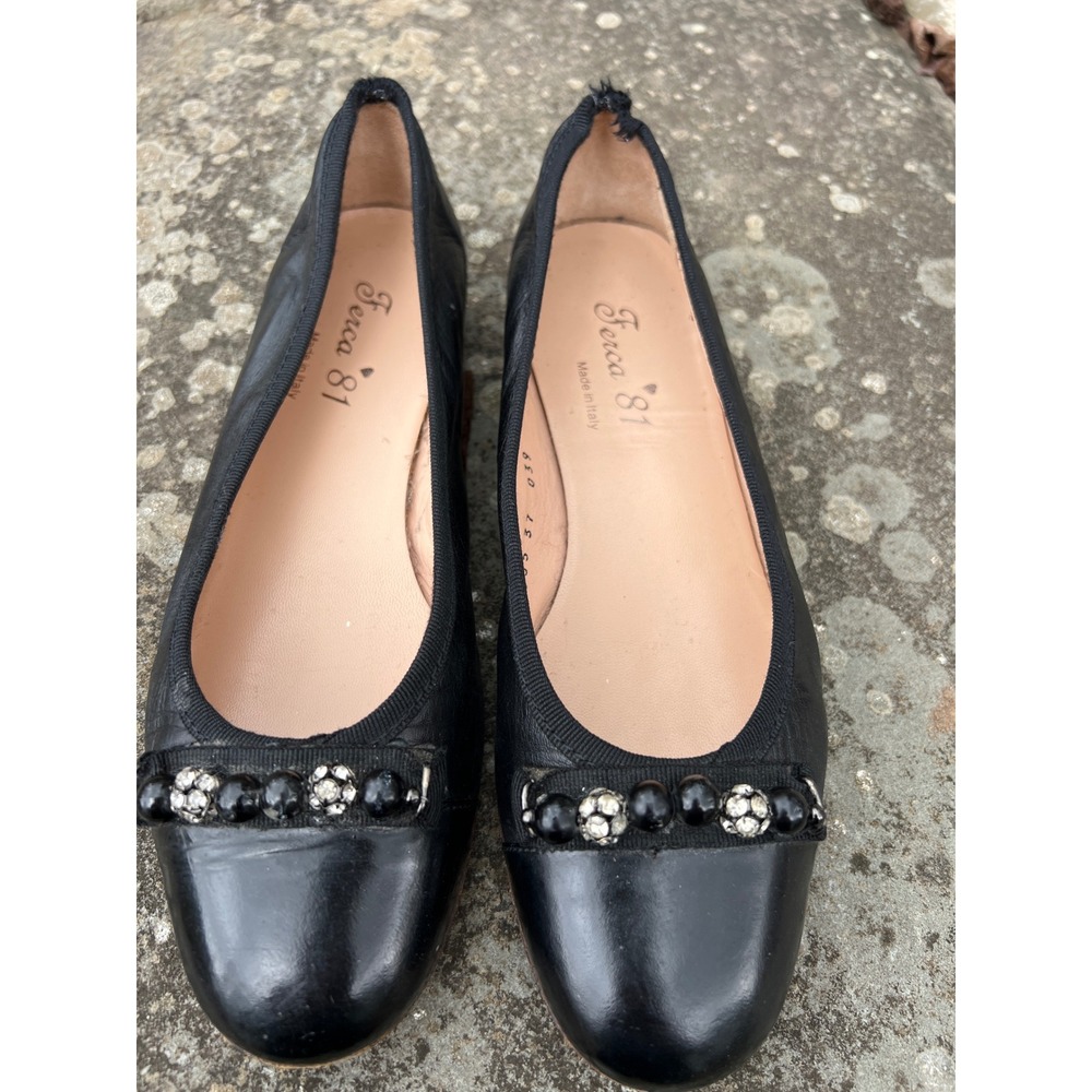 Black leather flats decorative beading Ferca 81 Leather upper‎ and sole AS IS